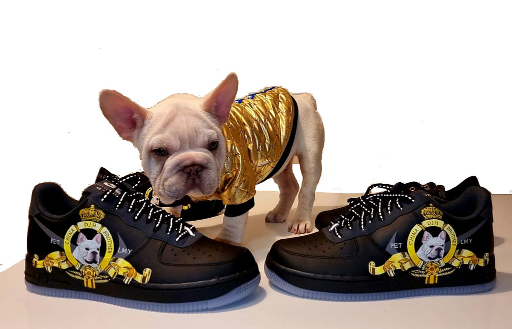 Bull dog frenchies pet dog portraits Hand painted on black Nike AF1 sneakers