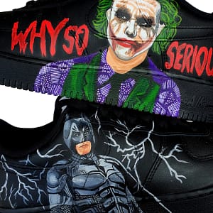 Batman and Joker portraits painted on black Nike AF1 sneakers with 'why so serious' written on them - zoomed in view