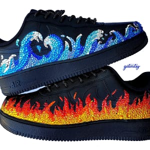 Black Nike Air Force 1 sneakers hand made with crystals and rhinestones - water waves and fire flames design - blue, red and yellow