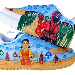 Netflix series Squid Game doll, guards and icons painted on Nike AF1 sneakers with detailed blue sky background - zoomed in view