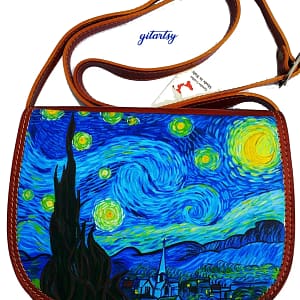 A leather bag painted by hand with a Van Gogh Starry Night design