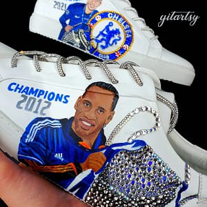 Realistic portraits of footballers Didier Drogba and Kai Havertz Chelsea football club CFC custom hand painted with rhinestone crystals on white Firetrap shoes
