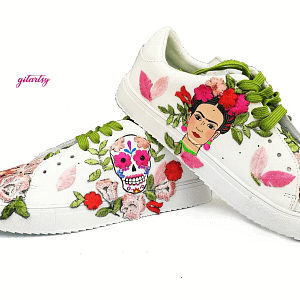 Hand made bespoke Frida Kahlo custom sneakers with Mexico skull and floral patches - side view