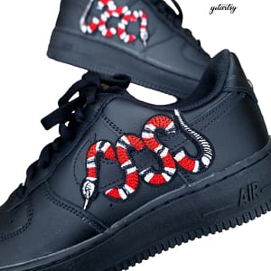Custom Handmade black Air Force 1 with Gucci Snake design on the swooshes - zoomed in