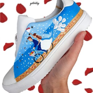 Beach destination wedding sneakers - bride in white dress and groom custom hand painted on white Adidas sneakers