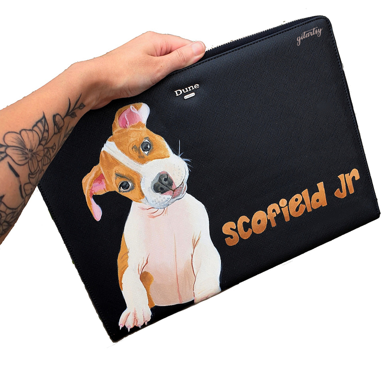 A pouch bag with hand painted art of a Pet dog puppy called Scofield Jr
