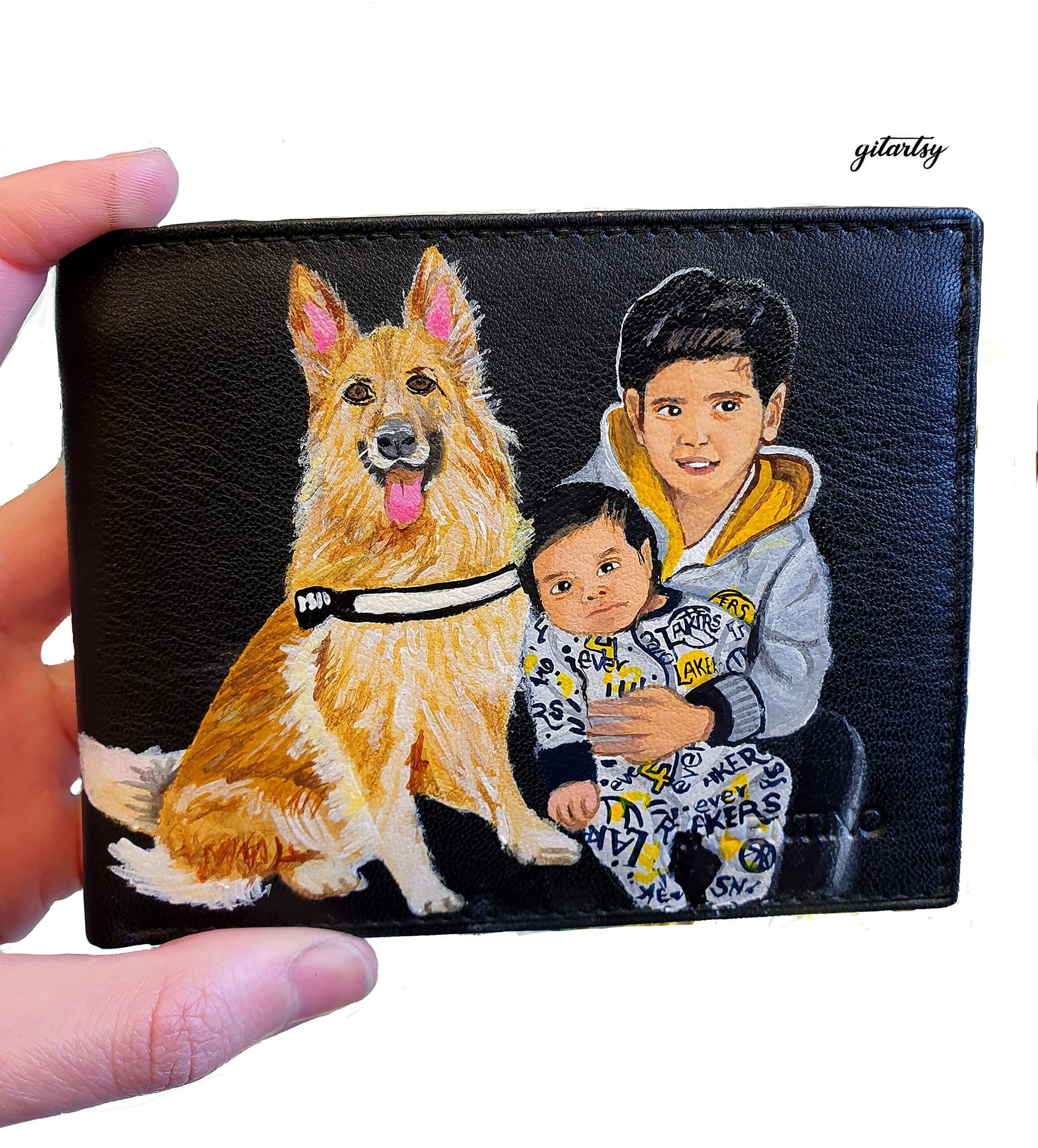 Children - family and German shepherd dog portraits painted on a small leather wallet